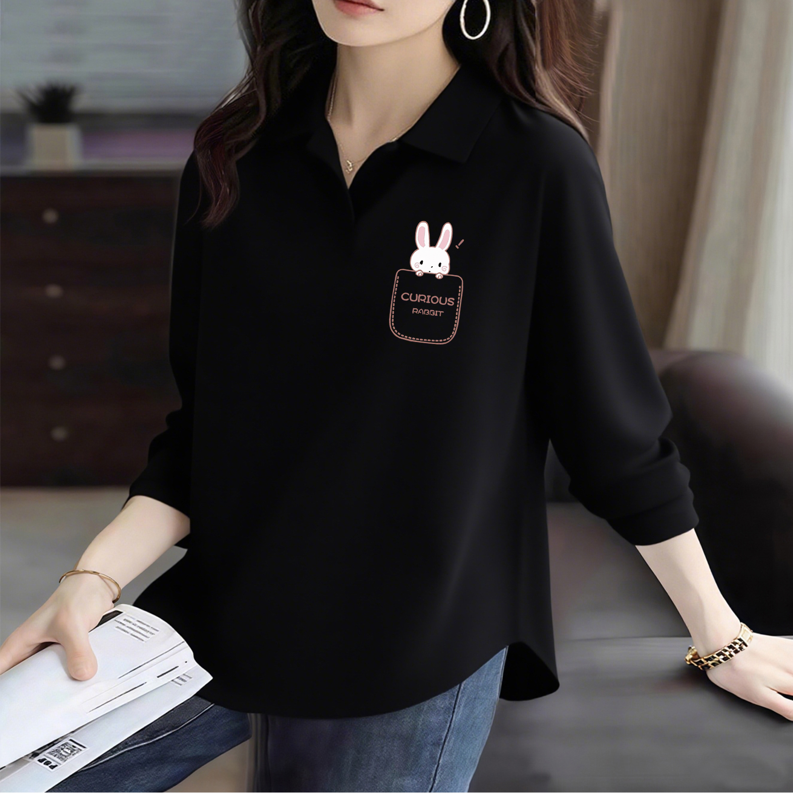 长袖POLO衫女春秋休闲时尚胖MM大码宽松显瘦洋气减龄翻领打底T恤