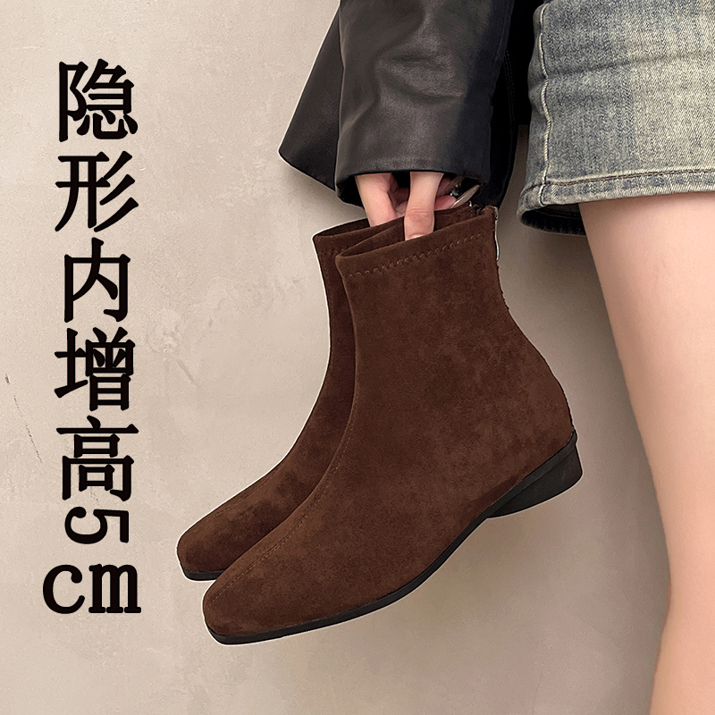 内增高女靴短靴2025秋冬季新款韩版简约短筒靴后拉链方头时装靴子