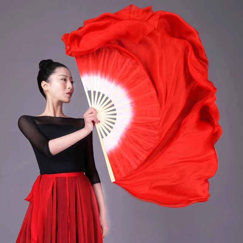 舞蹈扇广场舞仿真丝大红色双面舞蹈扇子东方红五星红旗演出道具