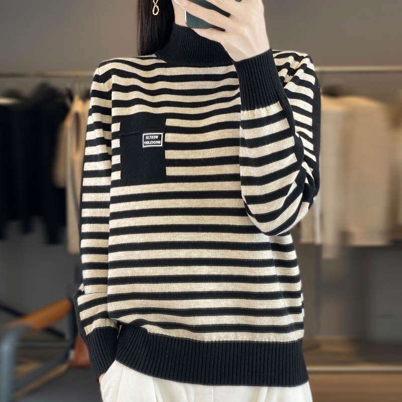 品牌女装秋冬新款大码半高领女士条纹毛衣洋气爆款内搭针织打底衫