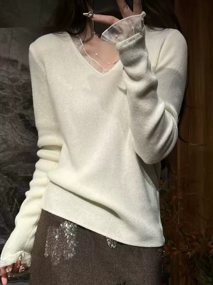 【秋冬新款】MT‘ 网纱钉珠V领毛衣’  法式时尚打底上衣显瘦气质