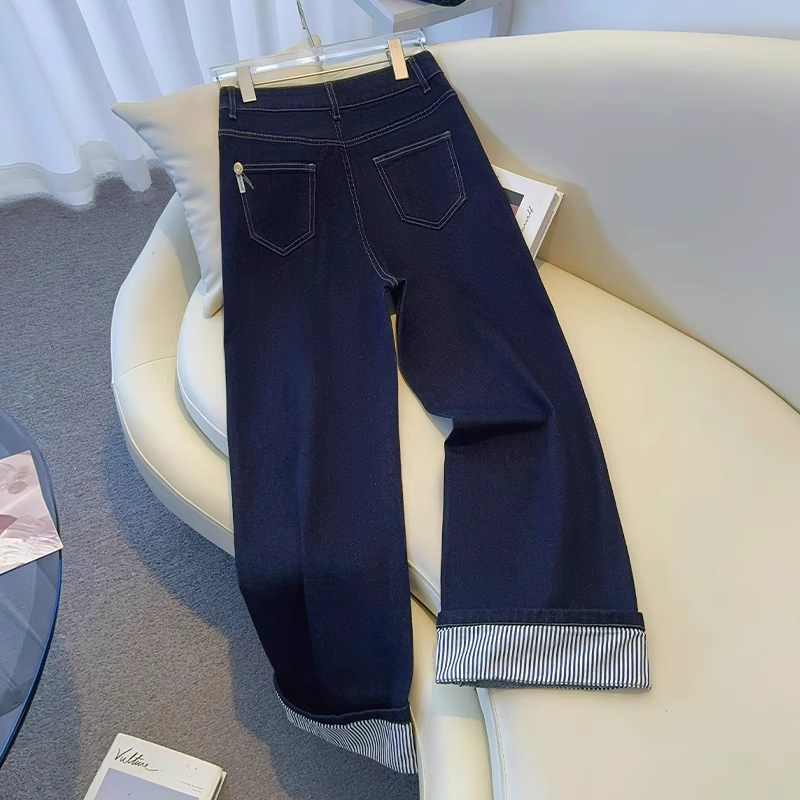 拉夏贝尔卷边九分牛仔裤女新款2025春秋高腰丹宁蓝直筒宽松阔腿裤