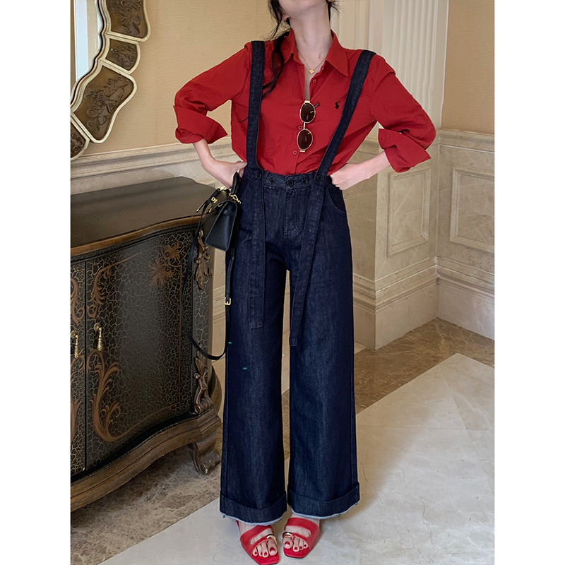 小众宽松背带阔腿牛仔裤女2025早秋新款百搭深色系显瘦休闲连体裤