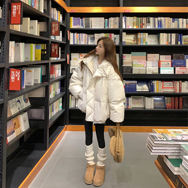 白色短款羽绒服女小个子2025年新款白鸭绒韩版连帽加厚宽松面包服