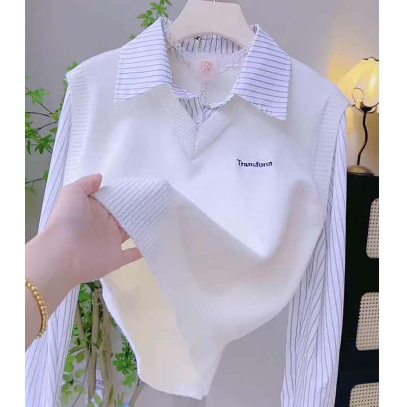 新款时尚拼接撞色针织背心衬衫女2025年春秋季小个子休闲显瘦上衣