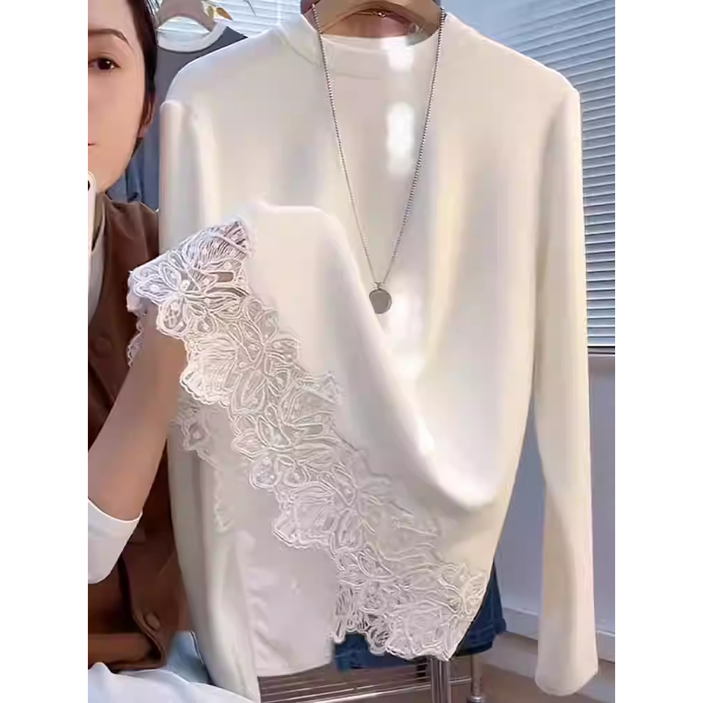 设计感蕾丝拼接双面德绒长袖T恤秋冬大码女装时尚休闲内搭打底衫