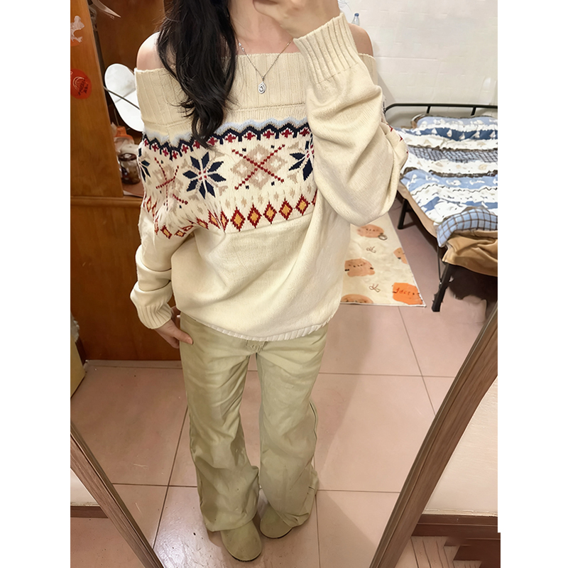 复古时尚提花粗针一字肩宽松厚实秋冬毛衣针织露肩设计感上衣女