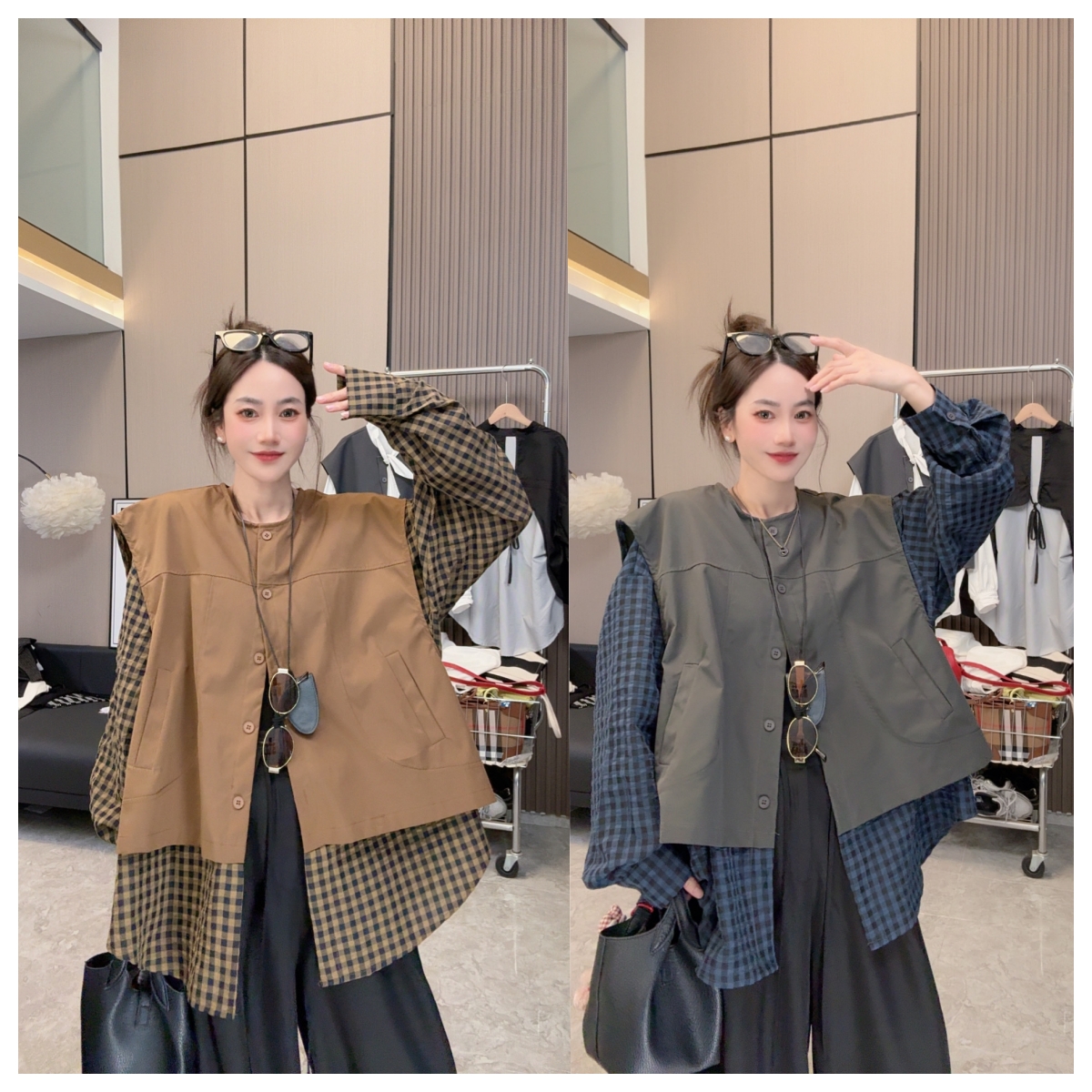 【格子周末】假两件设计款~单排扣时尚休闲宽松文艺中长款衬衫