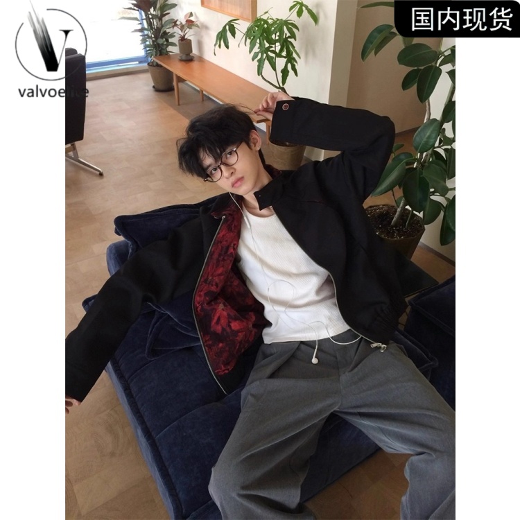 美式红内解构哈灵顿夹克男款秋高级感老钱风男士黑色短款立领夹克