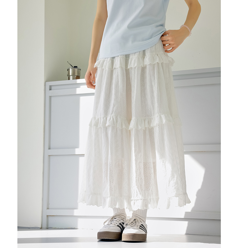 原野空间GRASS SPACE白色花边蛋糕裙女春蕾丝绣花中长款A字半身裙