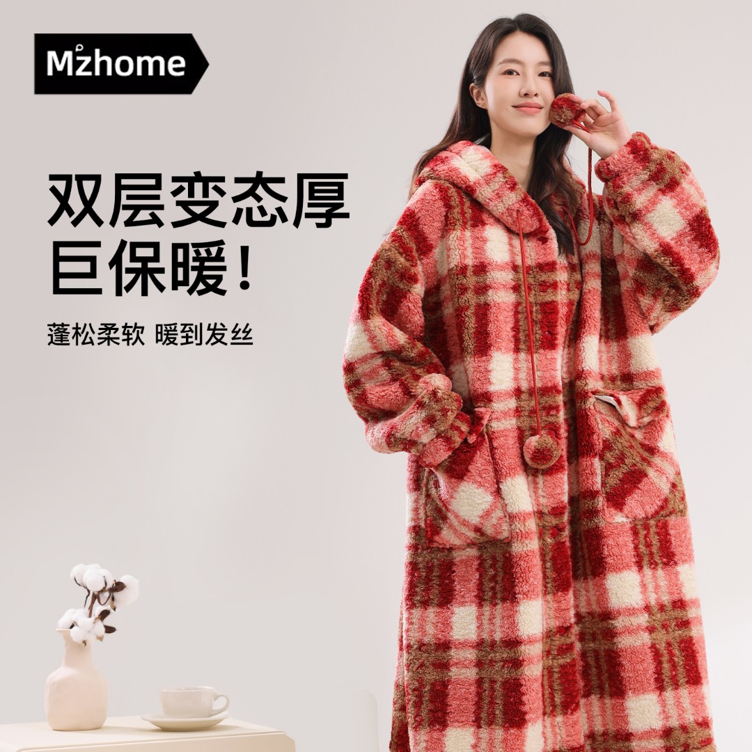 巨厚巨厚睡衣新年红女格子长款睡袍女秋冬季加厚保暖珊瑚绒家居服