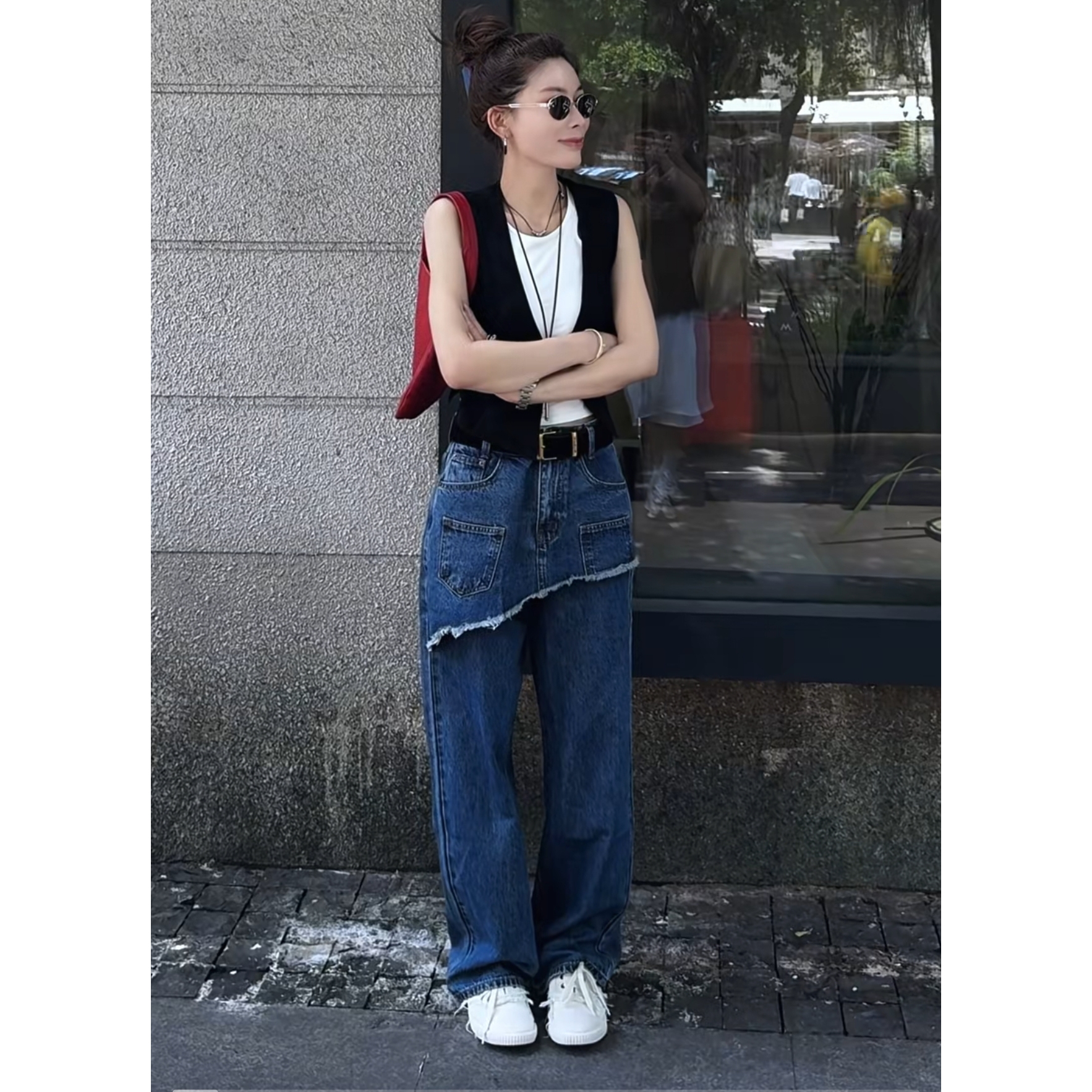 早秋新款复古毛边裙摆假两件设计感复古高腰直筒牛仔裤百搭九分裤