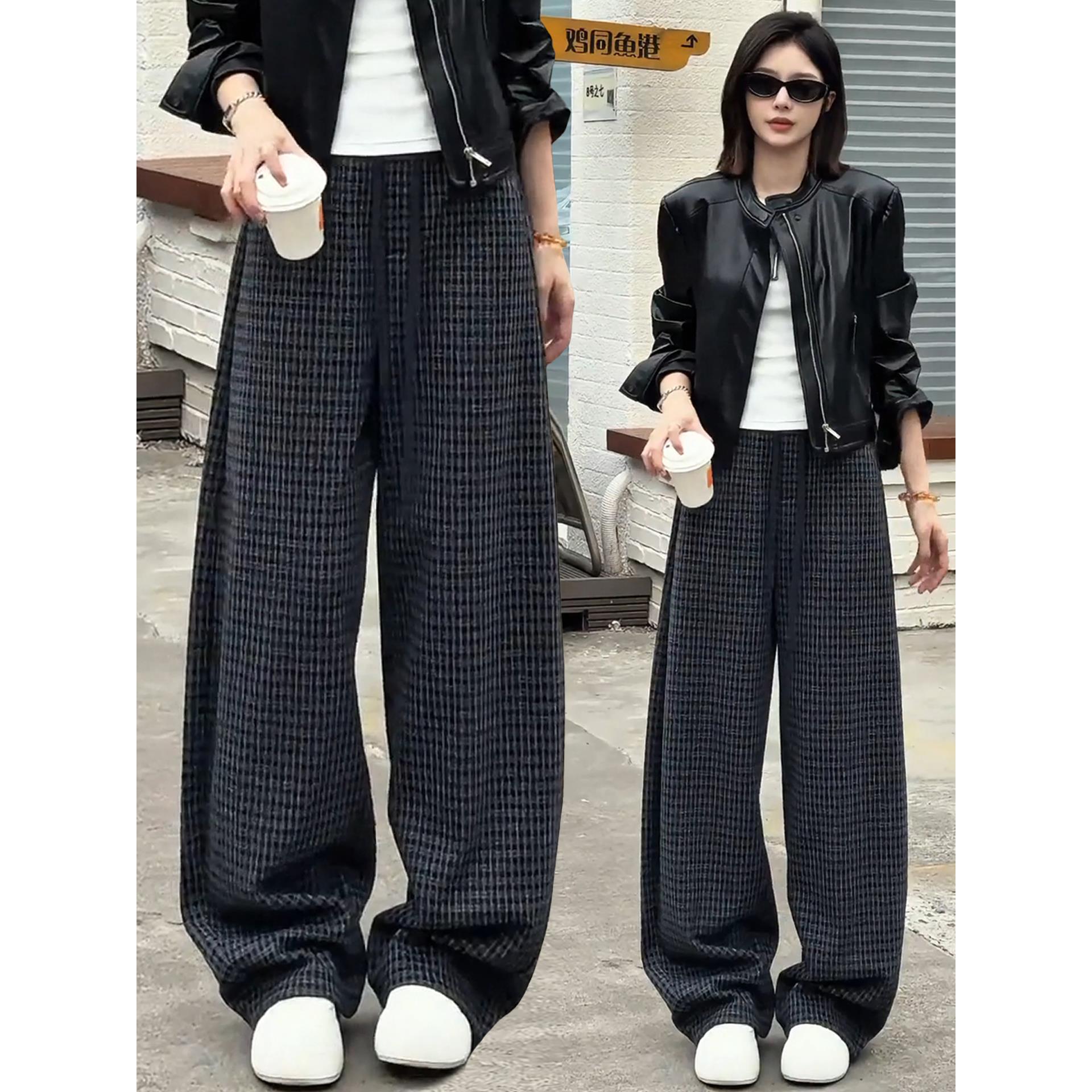 加绒加厚格子阔腿裤女秋冬季裤子2025新款休闲慵懒风弯刀拖地长裤