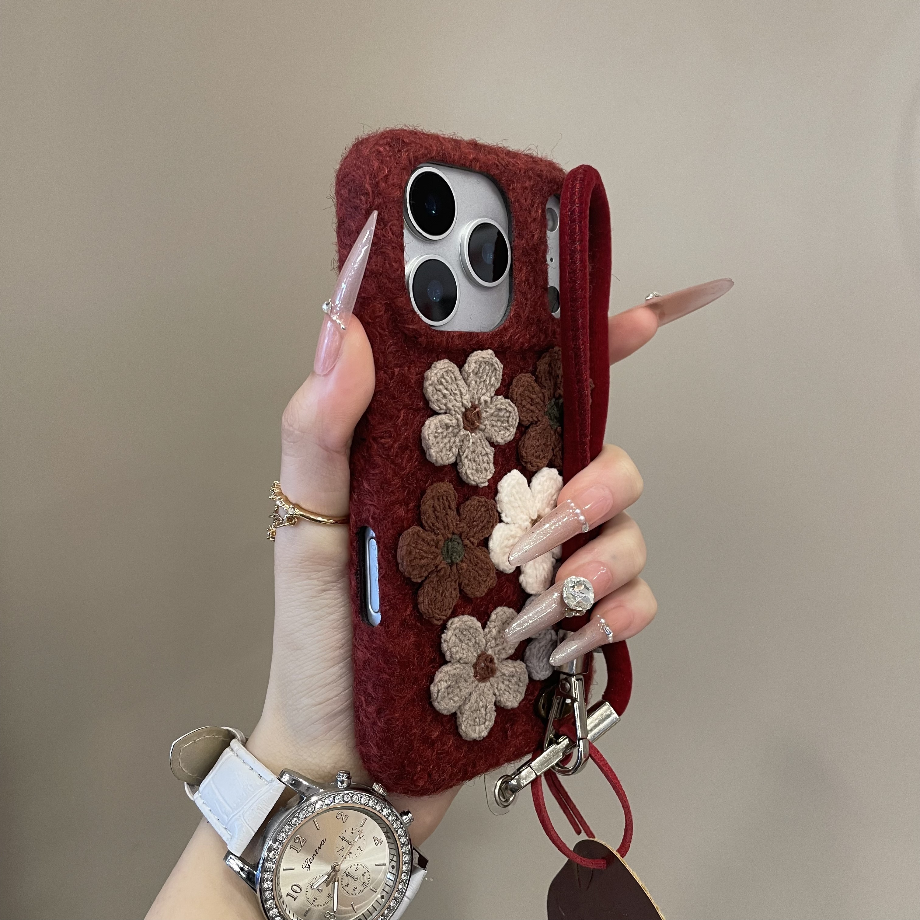 秋冬ins毛绒针织花朵适用iPhone17pro手机壳16pm复古iPhone15女14