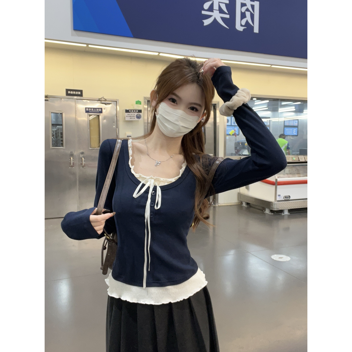 实拍实价 早秋韩版撞色拼接纯欲甜美假两件设计长袖内搭T恤上衣女