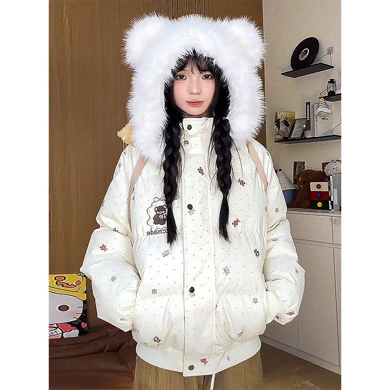 日系多巴胺毛领连帽棉服女学生冬季新款甜美百搭保暖可爱外套ins