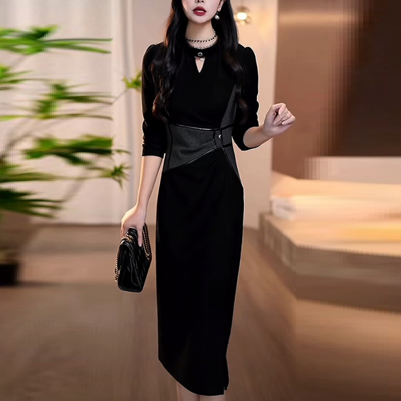 优雅轻奢高贵气质洋气裙子2025爆款名媛时尚显瘦拼接设计感小黑裙