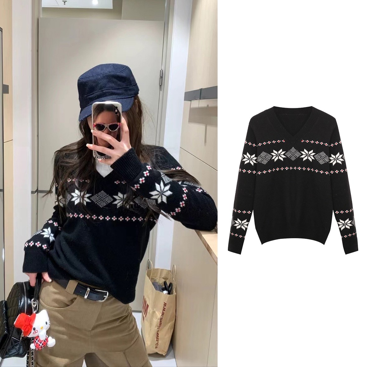 2462#黑色复古提花v领套头毛衣针织气质显瘦秋冬内搭女上衣秋冬