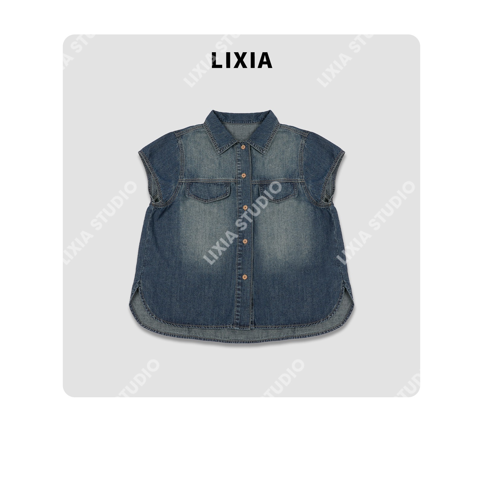 LIXIA【马格里旧约】时尚休闲ins风个性款复古蓝牛仔短袖衬衫-D8701