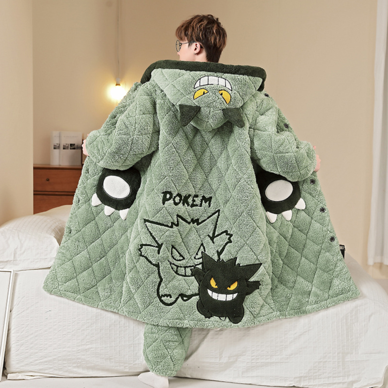 男士三层夹棉睡衣秋冬季珊瑚绒加厚加绒卡通连帽冬季长裤睡袍套装