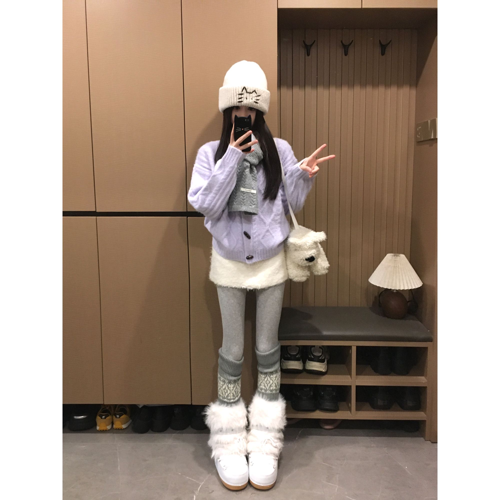 紫色绞花牛角扣毛衣外套女秋冬季加厚小个子慵懒气质短款开衫上衣