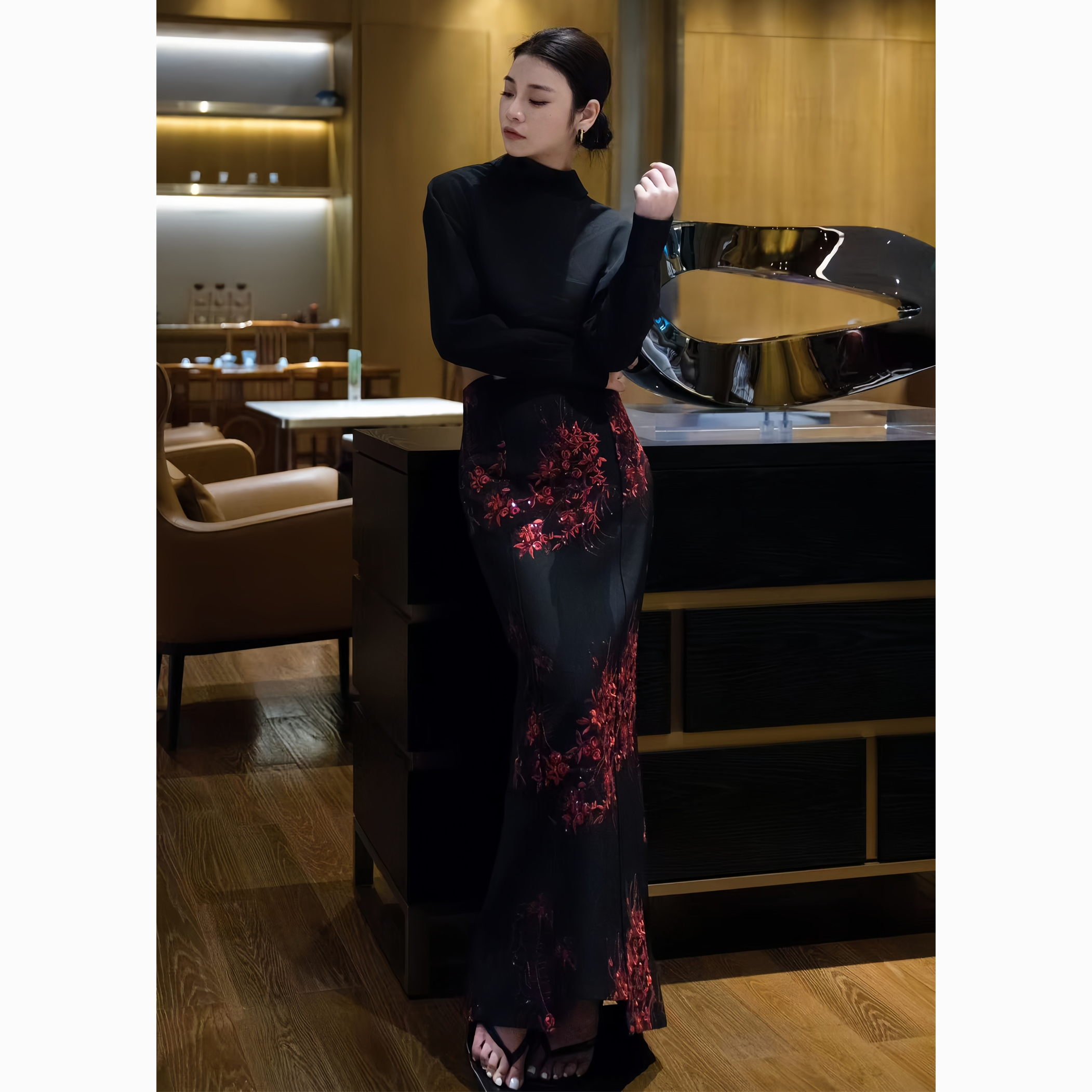 ZEROYK复古轻熟风时尚套装女秋季新款高定衬衣花朵刺绣半裙两件套