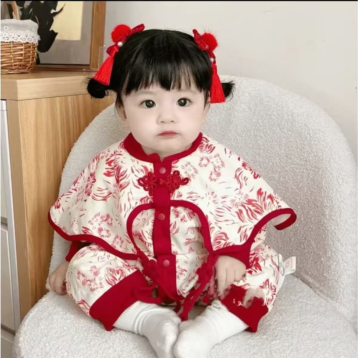 婴儿衣服中国宝宝连体衣连体百天公主国风满月礼服周岁洋气春秋