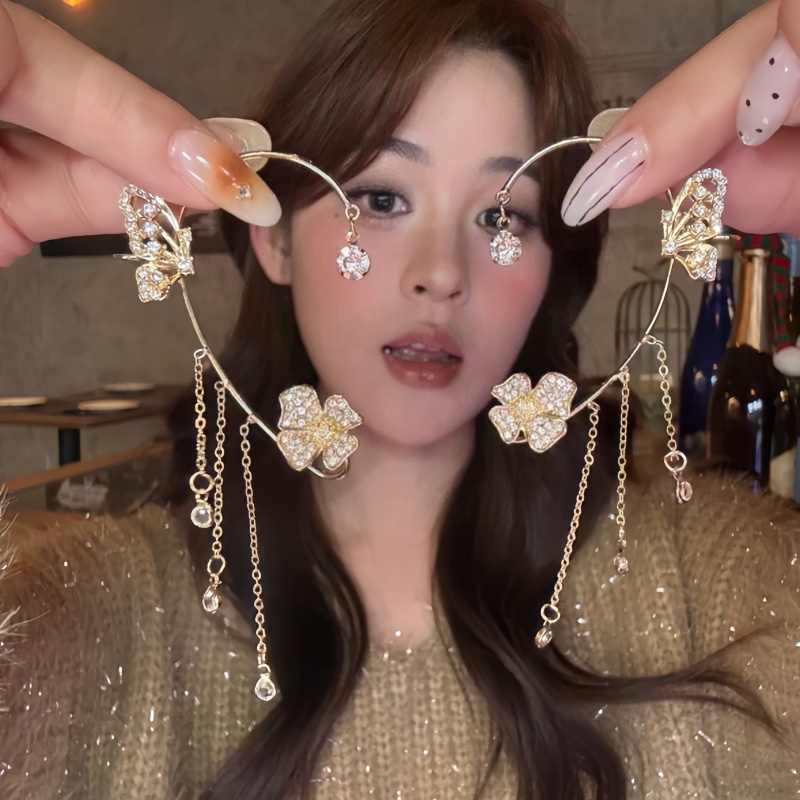 铜合金耳饰 蝴蝶耳挂森系超仙一体式耳骨夹链条流苏耳环水钻耳钉