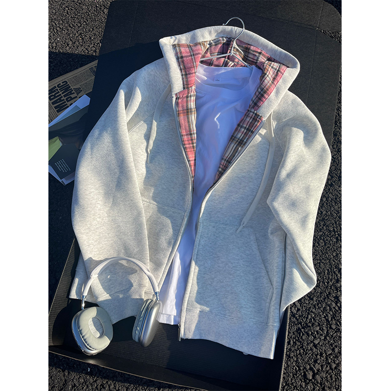 美式格纹拼接休闲开衫卫衣男女情侣款秋季运动慵懒风重磅连帽外套
