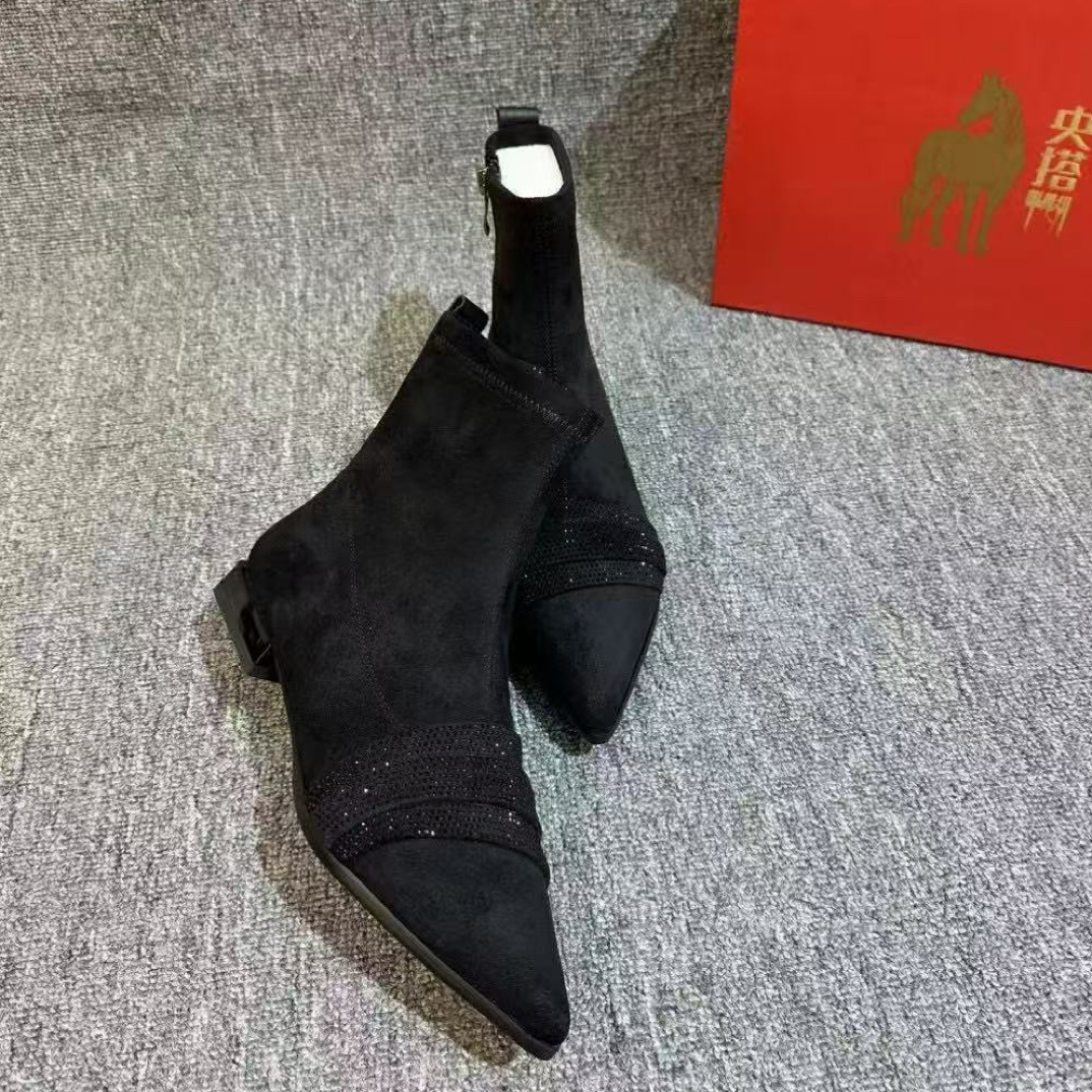 尖头水钻纯色浅口胶粘法式高跟透气防滑平跟鞋