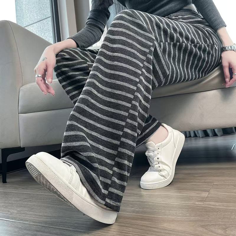 2025春秋复古针织流行条纹窄版阔腿裤女松紧腰显瘦显高直筒休闲裤