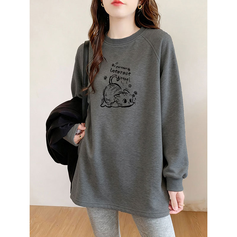 复古潮流圆领插肩袖宽松显瘦双面德绒保暖中长款遮臀长袖T恤上衣