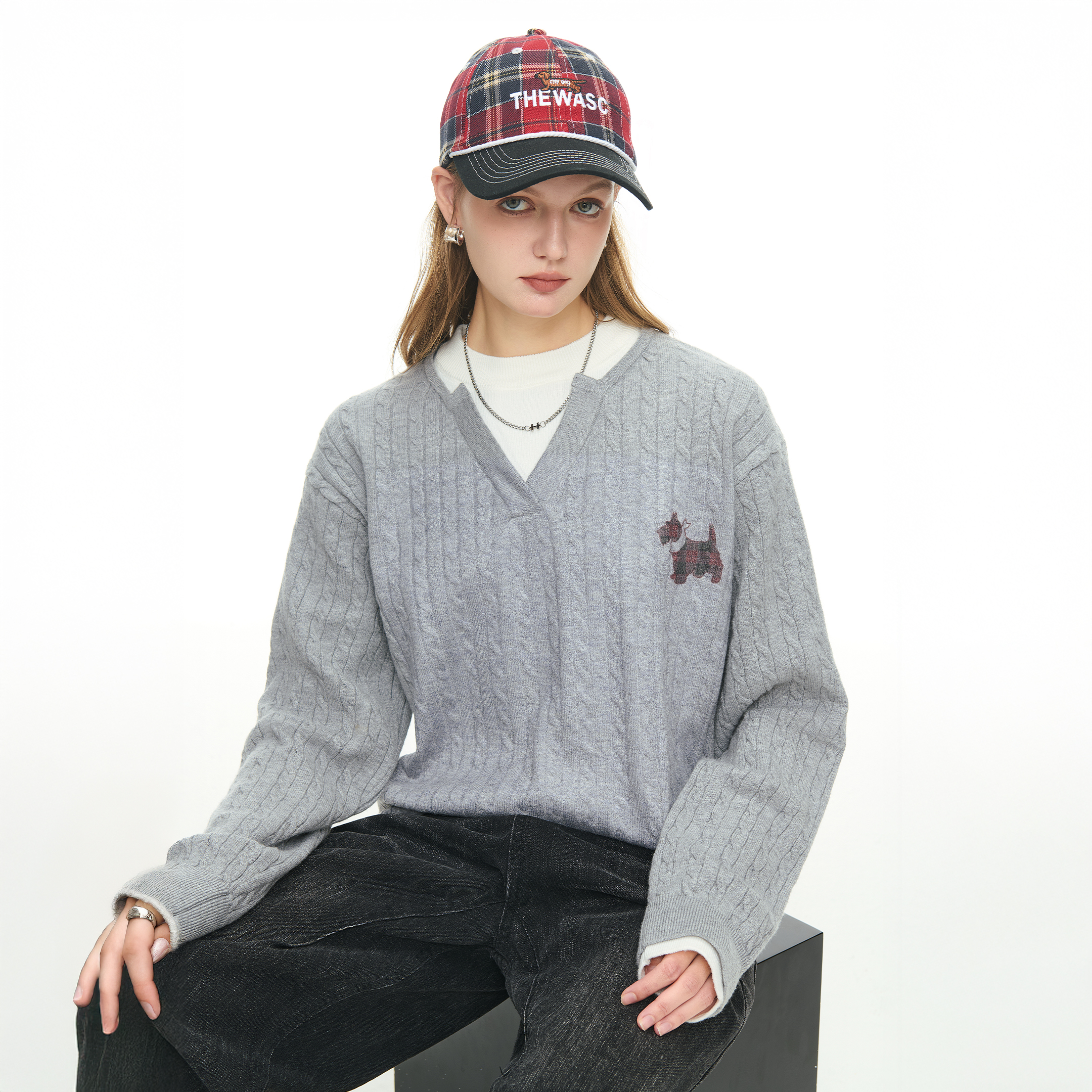 美式创意印花假两件绞花毛衣女秋季新款修身打底针织衫套头上衣