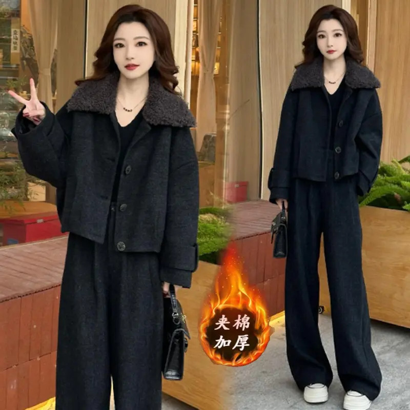 时尚毛呢套装女2025冬季新款洋气时髦加棉加厚短外套阔腿裤两件套