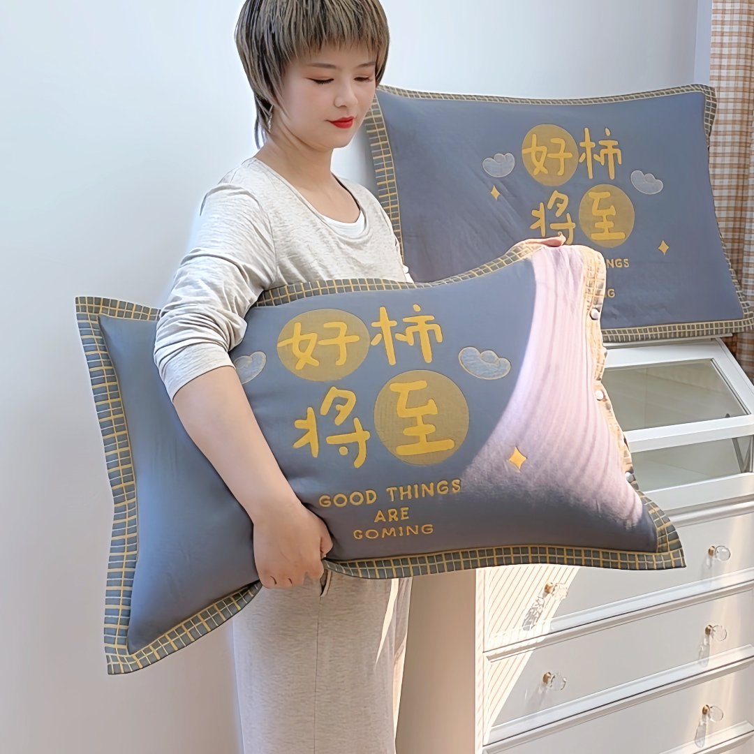 按扣式纯棉纱布枕套一对48*74/高密加厚成人透气吸汗枕头芯套家用