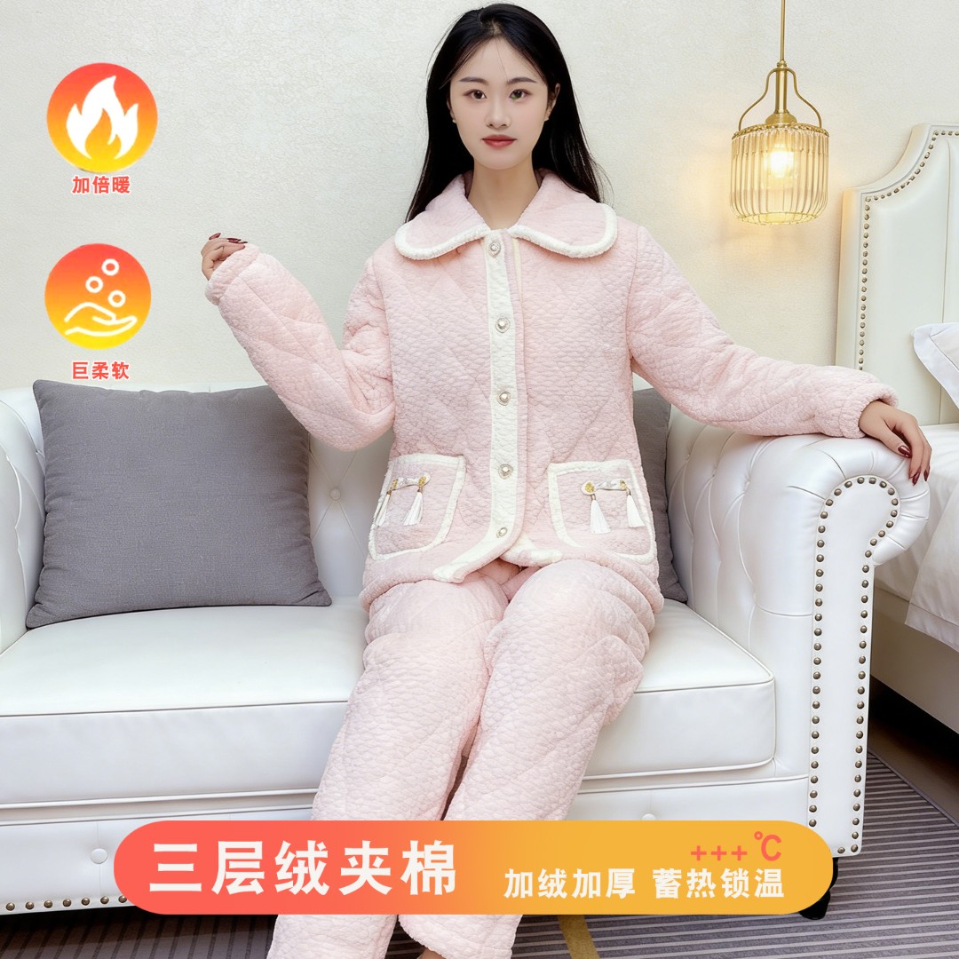 睡衣女秋冬季三层夹棉加绒加厚保暖珊瑚绒可爱风家居服套装Y198