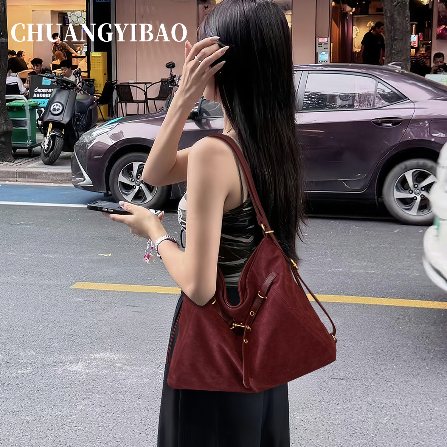 红色麂皮双肩包包女大容量2025新款轻奢小众高级感斜挎婚包女新娘