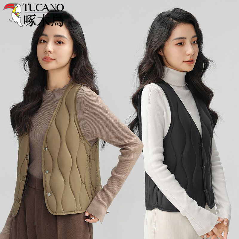 啄木鸟羽绒马甲女秋冬新款V领轻薄贴身内胆大衣打底内搭背心马夹