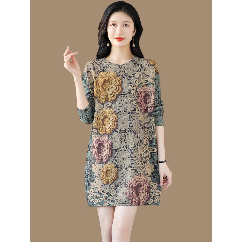 圆领毛衣冬加厚中长款高端彷貂绒印花宽松大码羊毛衫针织连衣裙