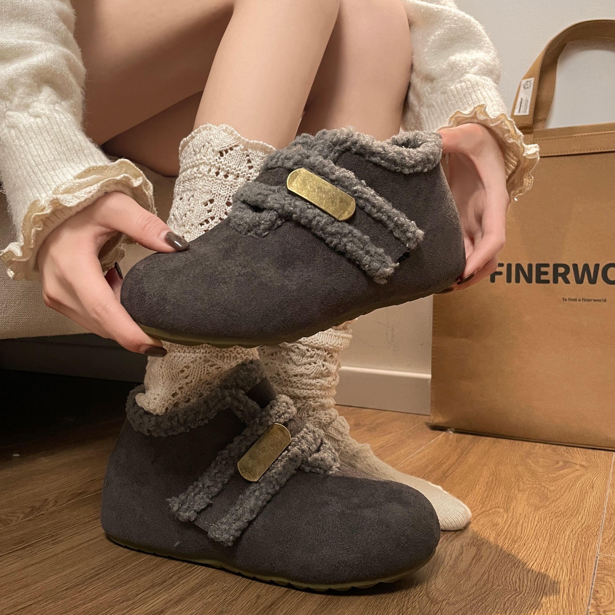 复古厚底加绒加厚魔术贴外穿勃肯鞋女2025新款冬季保暖防滑棉鞋子