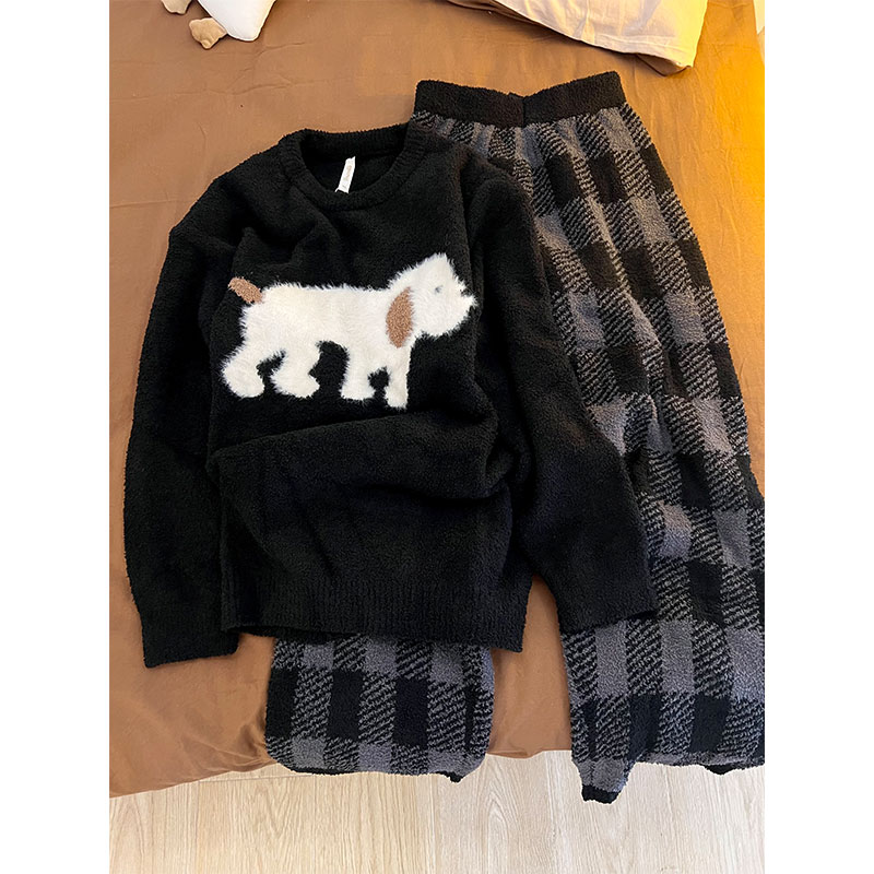 韩系卡通小狗软糯半边绒睡衣女秋冬季加厚加绒保暖家居服套装外穿