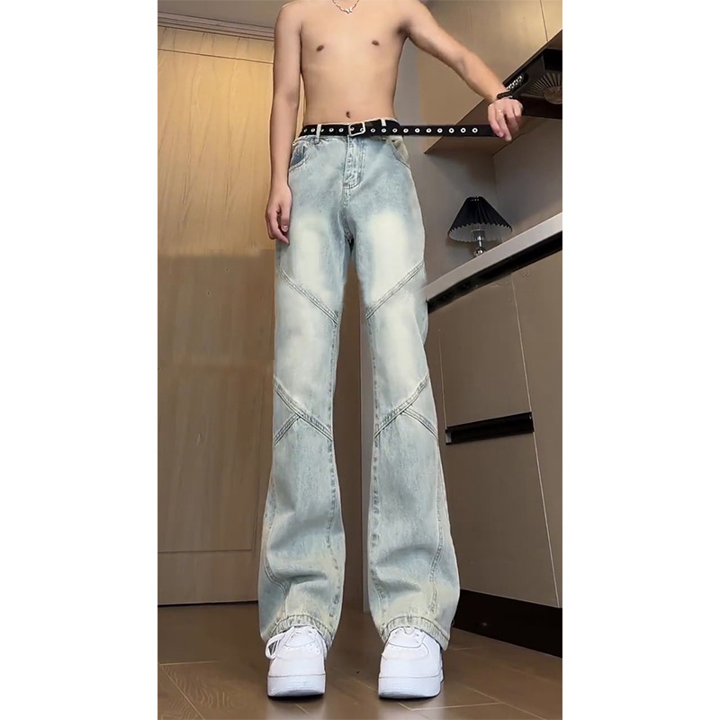 拉链牛仔裤弯刀高街vibe男款微喇裤痞帅贴不美式裤子腿高个子直筒