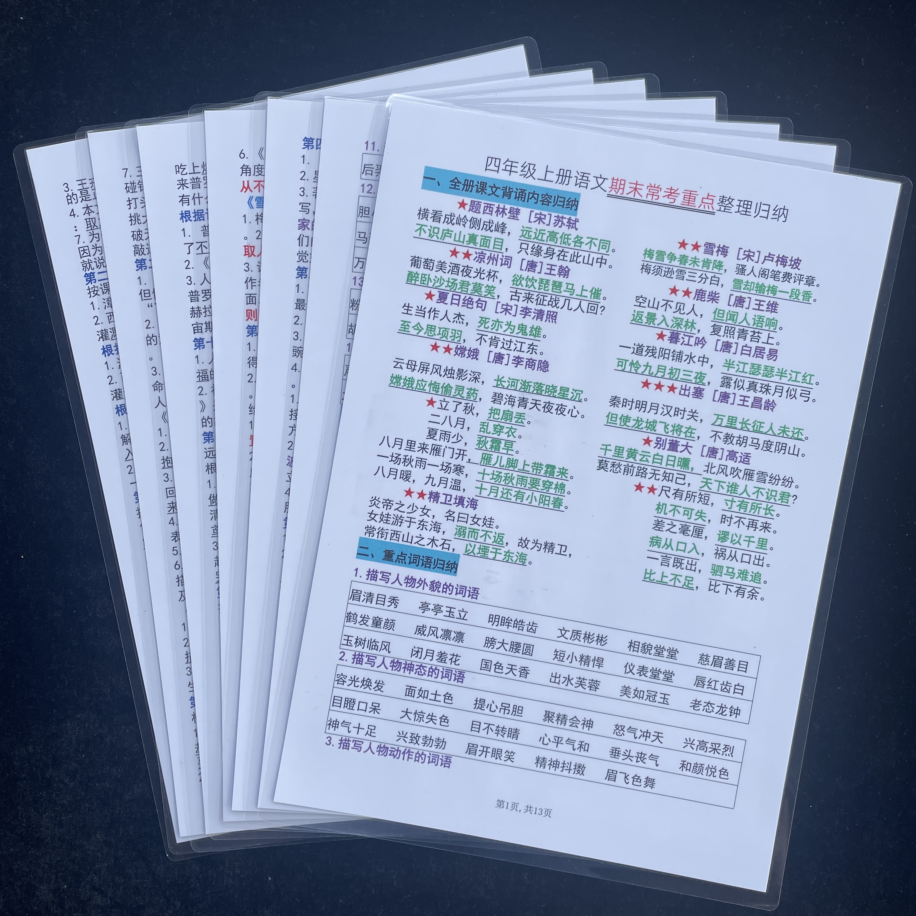 小学语文四年级上册知识点汇总期末常考重点归纳复习资料学习卡片