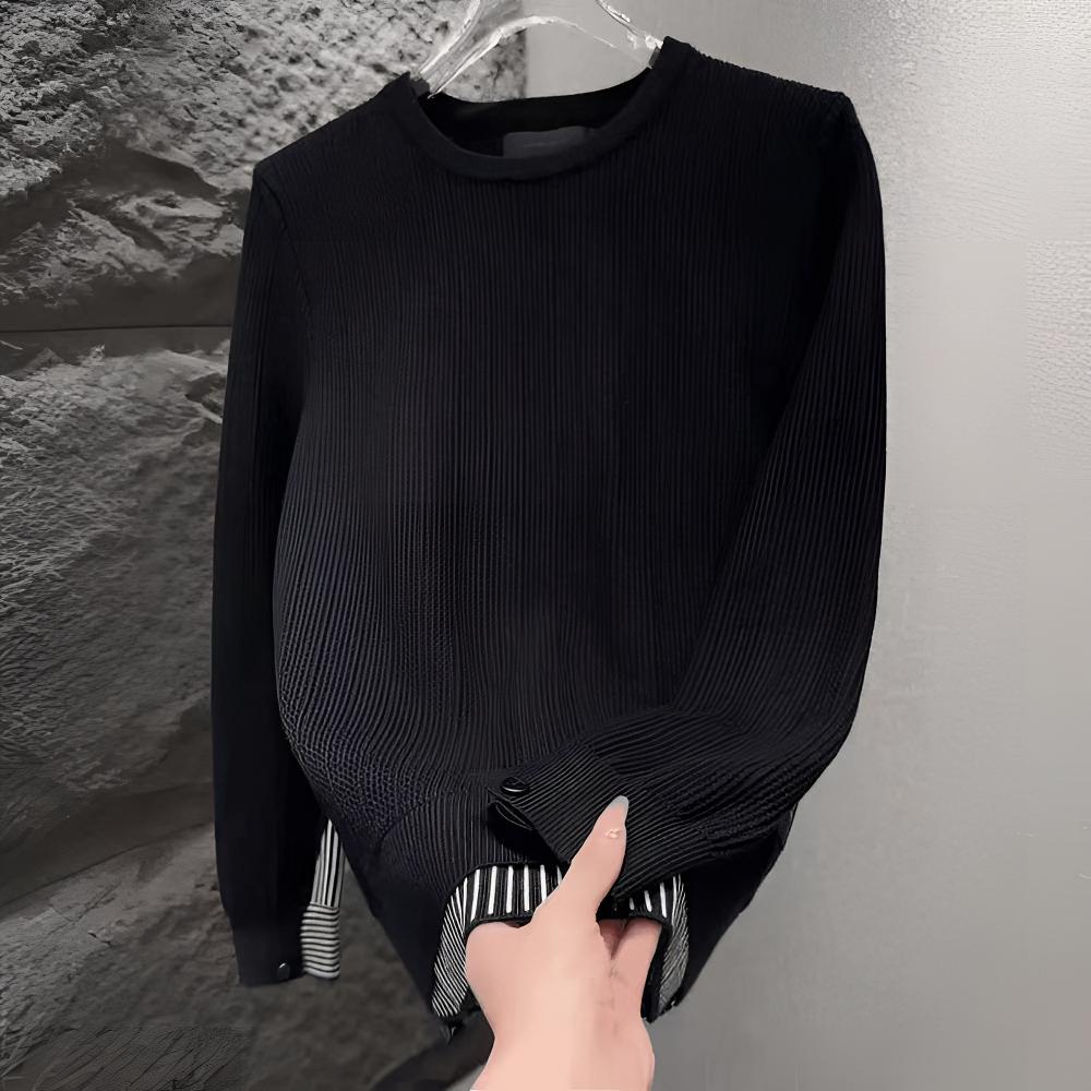 【商务休闲】2025秋季新款套头假两件条纹拼接圆领针织衫毛衣打底衫