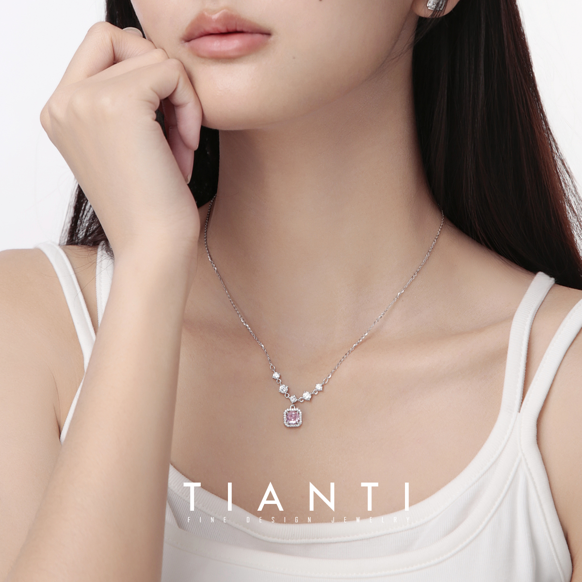 925银银制品  TIANTI 粉色纯银项链女设计锁骨链甜美颈链