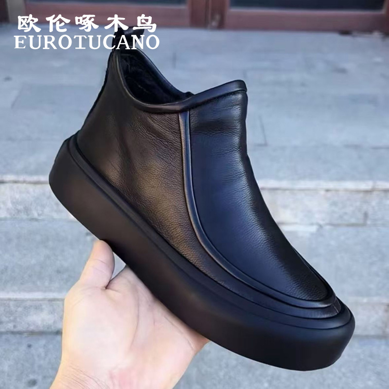 欧伦啄木鸟EUROTUCANO男鞋时尚百搭休闲马丁靴子男款厚底黑色皮靴