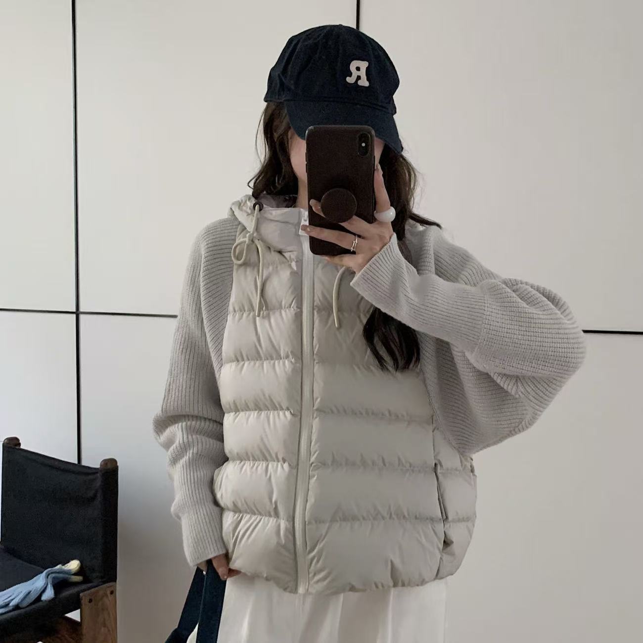 轻薄针织拼接服女2025冬季新款假两件棉衣韩版宽松棉服外套