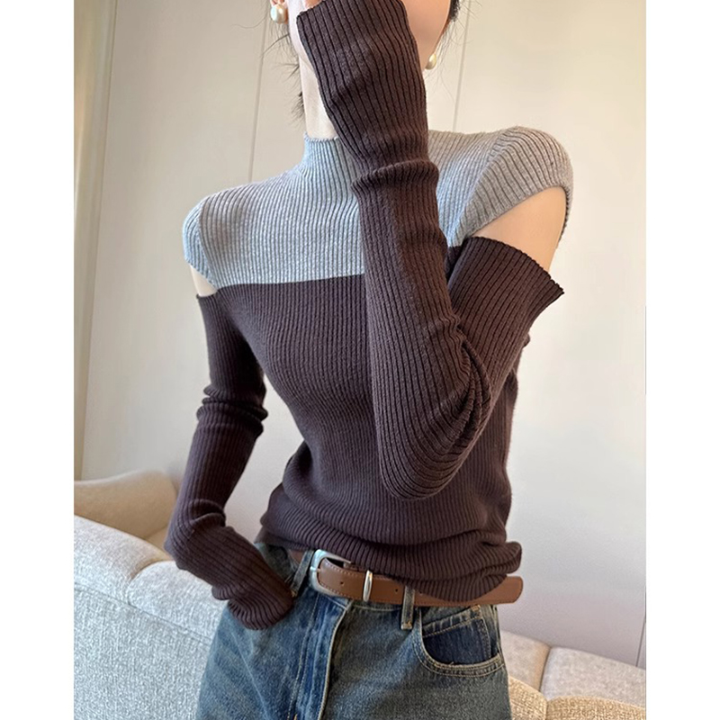 撞色半高领露肩针织衫女秋冬季不规则修身显瘦内搭打底衫毛衣上衣