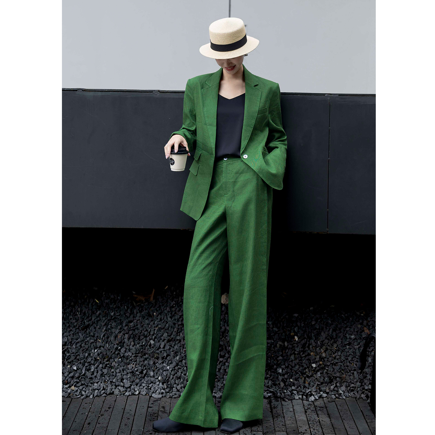 老钱风松弛感西服套装2025早秋新款纯亚麻西装外套长裤气质两件套