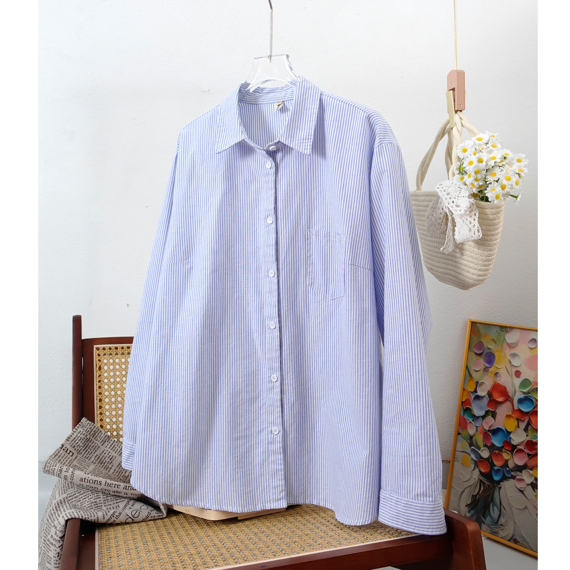 2025加宽加大女装秋季纯棉条纹衬衫胖mm宽松遮肉长袖衬衣打底重磅